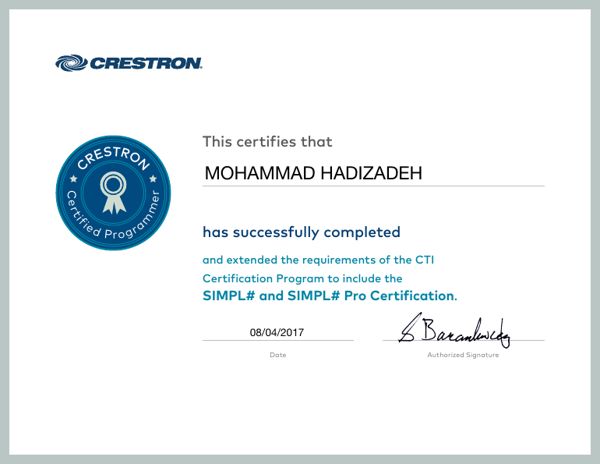 SIMPL# Pro certificate