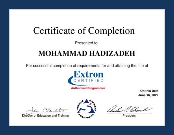 Extron Authorized Programmer certificate